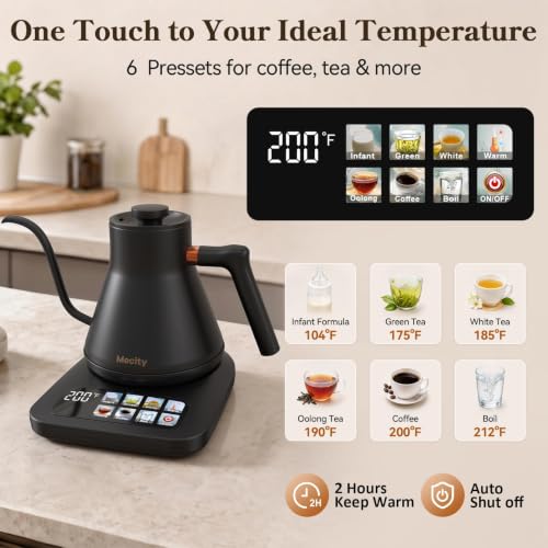 Mecity Electric Kettle with 6 Preset Temperatures & Touchscreen - Black