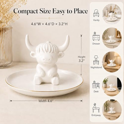 Highland Cow Jewelry Dish - White Ceramic Ring Holder & Trinket Tray