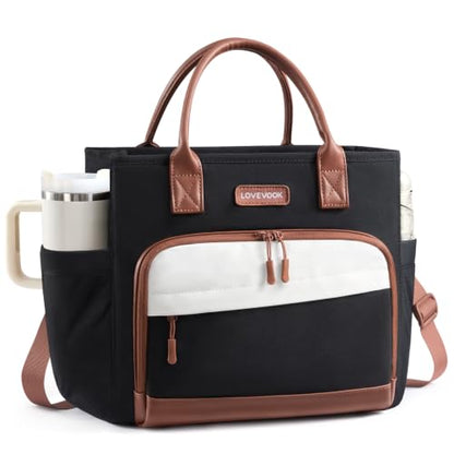 Large Insulated Lunch Bag for Women - 13L Black Beige Brown - Leakproof & Organized