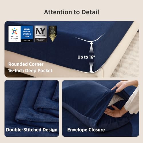Navy Fleece Bed Sheets Queen Size 4-Piece Anti-Static Cozy Bedding