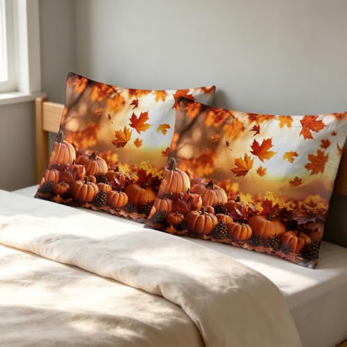 Autumn Leaves King Size Pillow Cases Set of 2 - Fall Decor & Breathable Microfiber