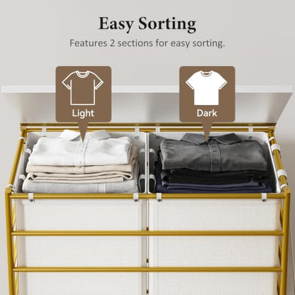 Double Laundry Hamper with Wheels and Lid - 115L Gold Rolling Basket