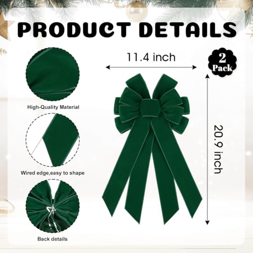Hunter Green Velvet Christmas Bows for Wreaths & Decor - 2 Pack