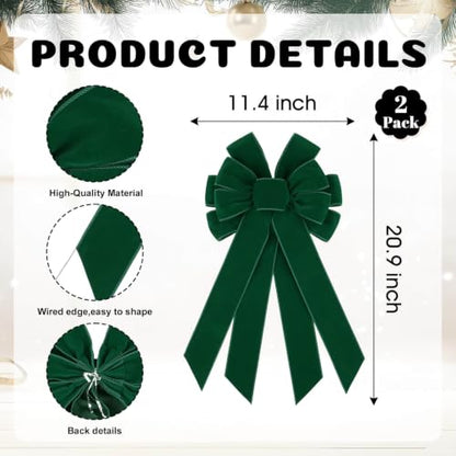 Hunter Green Velvet Christmas Bows for Wreaths & Decor - 2 Pack