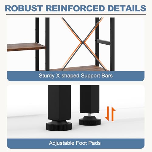 DUMOS Triple Column 4-Tier Industrial Bookshelf - Rustic Brown, 62.3W x 54.6H