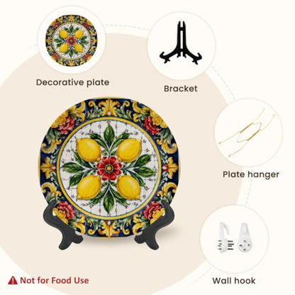 8-Inch Decorative Ceramic Plate Mediterranean Tile with Display Stand & Wall Hook - Color7