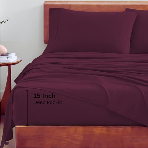 LANE LINEN RV Queen Sheets Set - 100% Organic Cotton Camper Sheet Sets 15" Deep Pocket Fitted - Windsor Wine