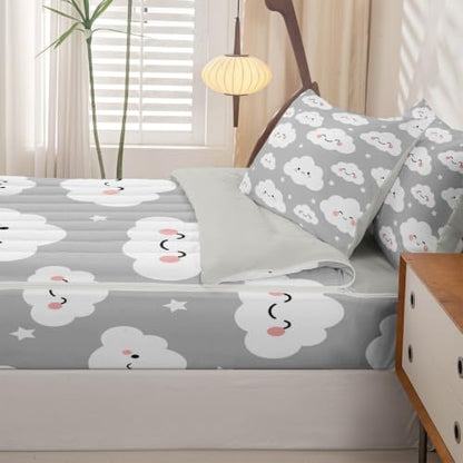Twin Size Cloud Zipper Bedding Set with Comforter Fitted Sheet & Pillowcases - Grey Star Clouds Sky