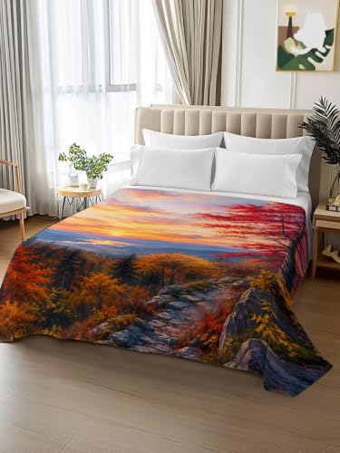 California King Flat Sheet - Fall Orange Red Watercolor Maple Leaves Bedding