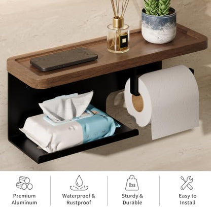 3-in-1 Wall-Mounted Toilet Paper Holder with Shelf - Matte Black Bathroom Organizer
