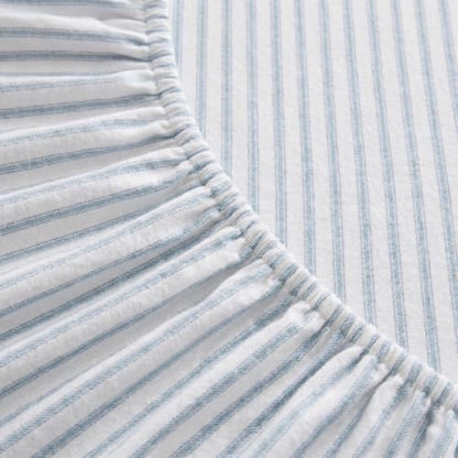 Queen Cotton Flannel Sheet Set with Deep Pocket Fitted & Pillowcases - Ticking Stripe Blue