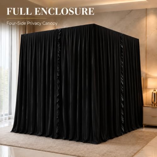 King Size Black Canopy Bed Curtains - Lightproof Privacy Bedroom Decor with 4 Openings - Pack of 4