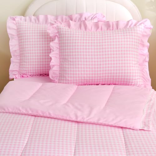 Kids Zipper Bedding Set Twin Gingham Comforter Pink Ruffle for Girls