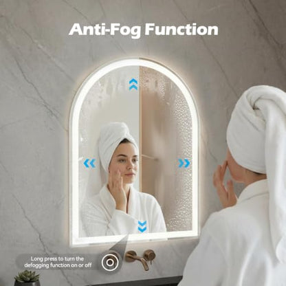 White Arched LED Bathroom Mirror with Lights - 24.1 x 32.1 Inches, Dimmable & Defogging