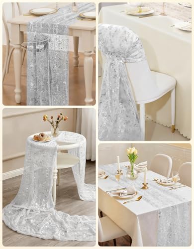 Sliver Glitter Table Runner Set - 3 Pack 28x120 Inches, Elegant Wedding & Party Decor