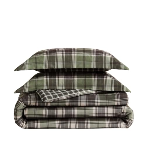 Queen Comforter Set with Shams Reversible Plaid Bedding Lakeshore Green