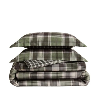 Queen Comforter Set with Shams Reversible Plaid Bedding Lakeshore Green