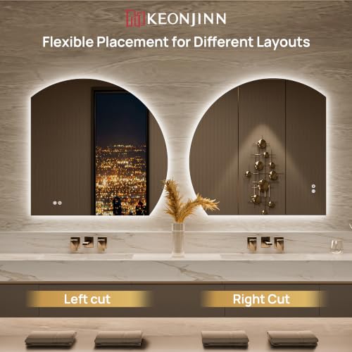 Keonjinn 36x36 Inch Half Moon Backlit Bathroom Mirror with HD Tempered Glass - Vertical Cut