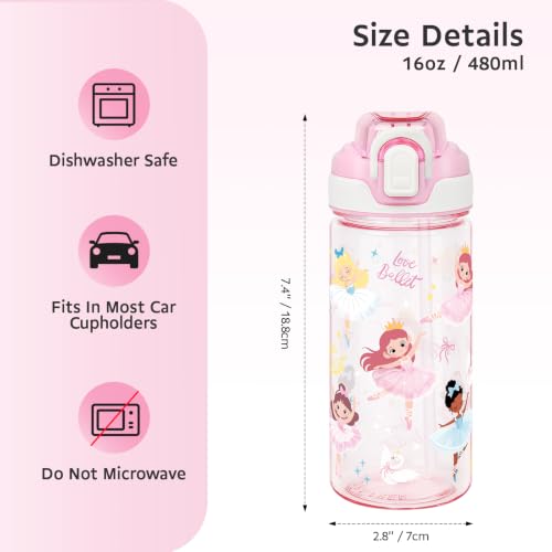 Kids Water Bottle for School & Travel - Pink Ballet, 16oz BPA-Free