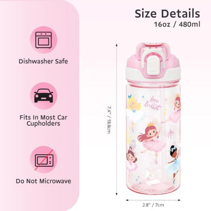 Kids Water Bottle for School & Travel - Pink Ballet, 16oz BPA-Free