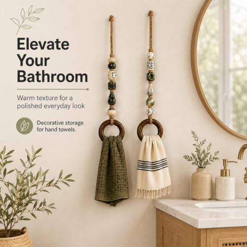 Green Beaded Towel Hanger with Wooden Ring - Boho Decor, 1pc