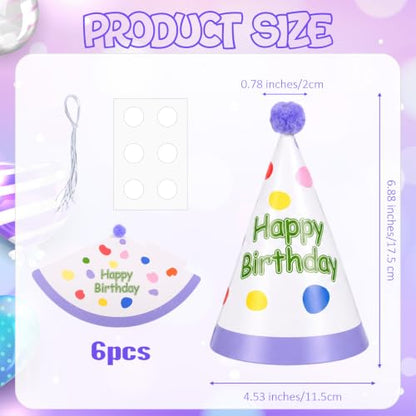 6 Pcs Colorful Birthday Hats for Adults with Fur Pom Poms - Party Supplies