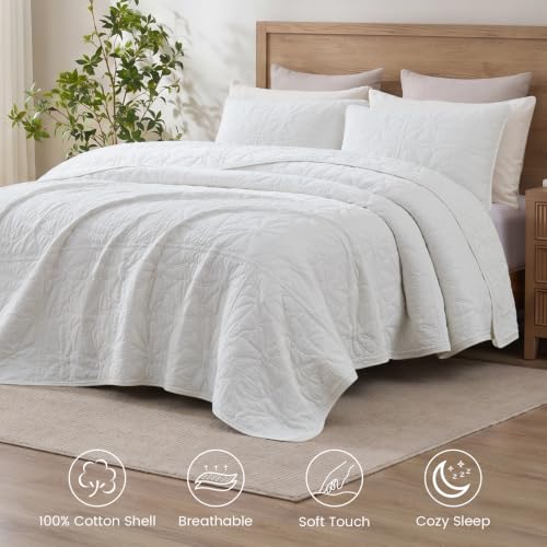 Queen Size Cotton Quilt Set with Floral Stitching - Bright White, 100% Cotton