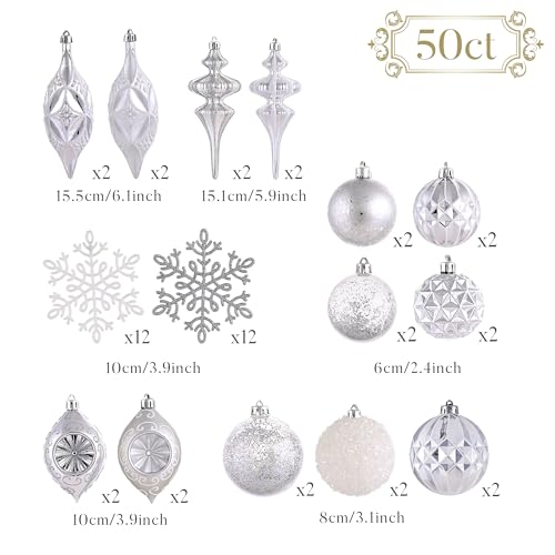 Christmas Tree Ornaments Set 50pcs Snow Queen Theme Silver White Variation