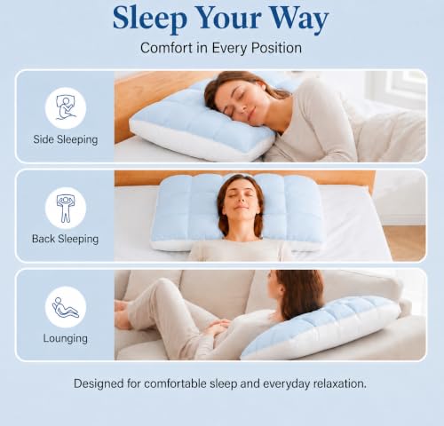 Baby Blue Fluffy Cloud Cooling Pillow with Ice Silk Cover for Sleep, Supportive & Machine Washable