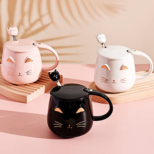 Cat Mug Set of 3 with Lids, Spoons & Coasters - Black, White, Pink