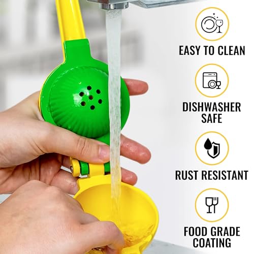 Zulay Kitchen Metal 2-in-1 Lemon Squeezer - Sturdy Max Extraction Hand Juicer Lemon Squeezer Gets Every Last Drop - Easy to Clean Manual Citrus Juicer - Easy-Use Lemon Juicer Squeezer - Yellow/Green