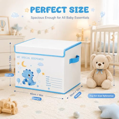 Baby Memory Keepsake Box 16x12x12 Inch Elephant Dinosaur Pattern - Blue