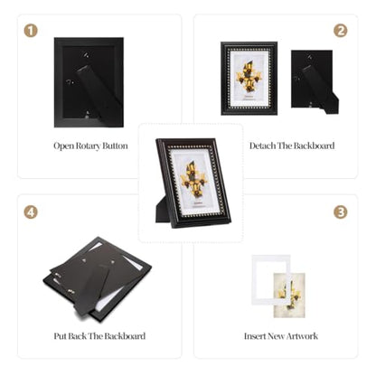 Everdeer 5x7 Black Picture Frame with Gold Beaded Border - Wall & Tabletop Display