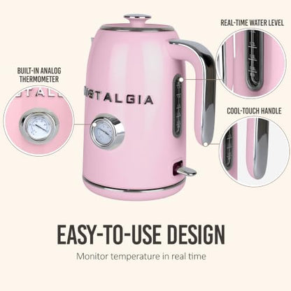 Nostalgia Pink Retro Electric Kettle 1.7L Enamel-Coated Stainless Steel