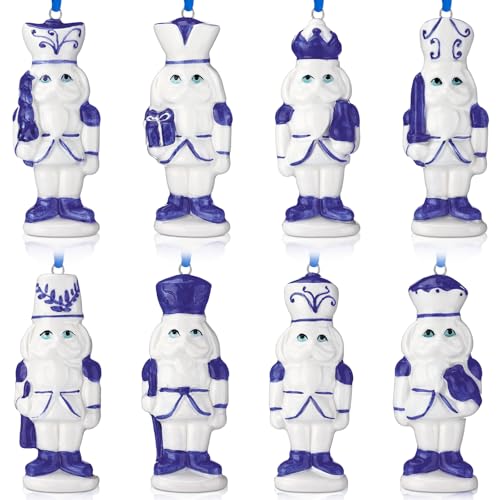 Blue and White Porcelain Nutcracker Ornaments - Set of 8 Christmas Decorations