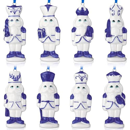 Blue and White Porcelain Nutcracker Ornaments - Set of 8 Christmas Decorations