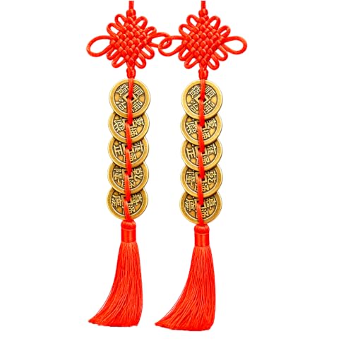 2PCS Feng Shui Five Emperor Coins with Red Knot Tassel - Wealth & Good Luck Charm for Cars, Doors, Living Rooms, Cabinets, Office Decor - Variation: 2pcs Hanging Tassel