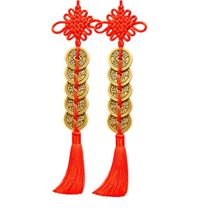 2PCS Feng Shui Five Emperor Coins with Red Knot Tassel - Wealth & Good Luck Charm for Cars, Doors, Living Rooms, Cabinets, Office Decor - Variation: 2pcs Hanging Tassel
