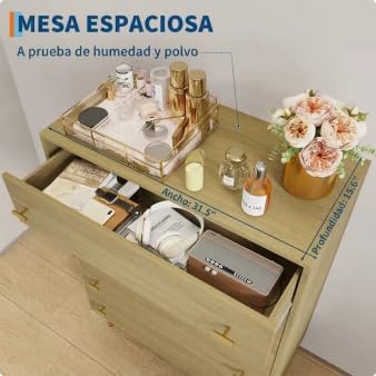 5-Drawer Dresser for Bedroom, 44" Wide, Natural Wood Grain with Gold Handles (31.5"D x 15.6"W x 43.2"H) — 5 Deep Drawers