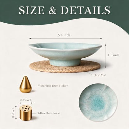 Sky Blue Ceramic Incense Holder Burner with Ash Catcher and Brass Accessories - Handmade