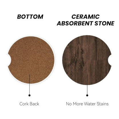 Car Coasters for Cup Holders 2 Pack - Rustic Brown Wood Grain Round