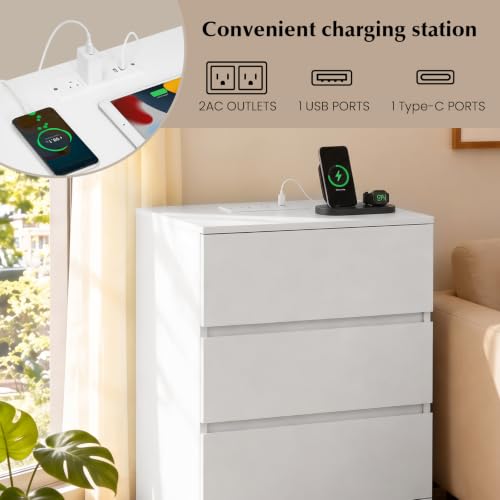 Nightstands Set of 2 with Charging Station, 3 Drawers, White - Medium
