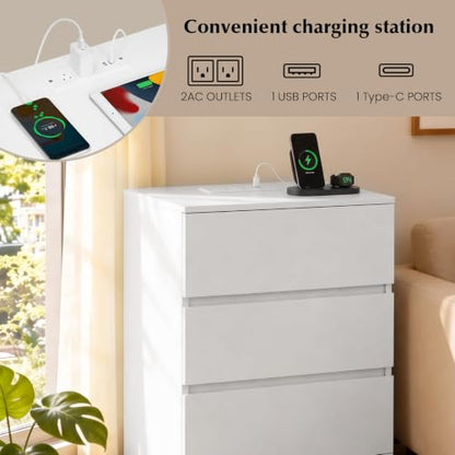 Nightstands Set of 2 with Charging Station, 3 Drawers, White - Medium