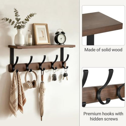 Rustic Wall Coat Rack Shelf with 5 Dual Hooks for Entryway & Home