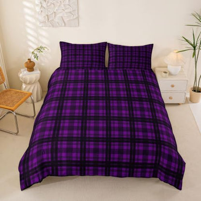 Purple Buffalo Plaid Duvet Cover Set Queen Size Vintage Geometric Bedding with Pillowcases - Black & Purple