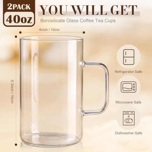 40 oz Large Borosilicate Glass Coffee Mug Set with Handle - 2 Pack