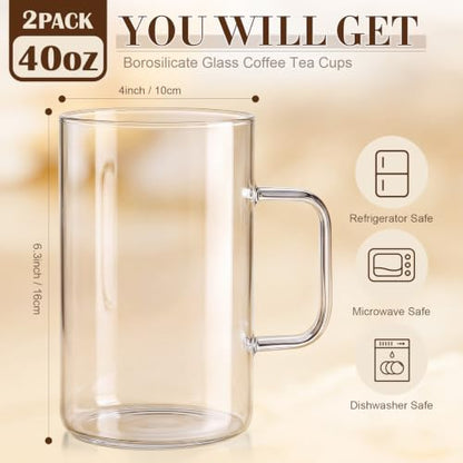 40 oz Large Borosilicate Glass Coffee Mug Set with Handle - 2 Pack