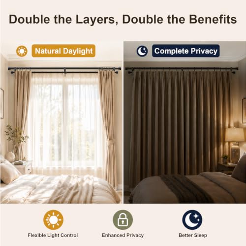 Black Double Curtain Rod 1 Inch Adjustable 16-144 Inches for Windows - Lootkell