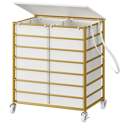 Double Laundry Hamper with Wheels and Lid - 115L Gold Rolling Basket
