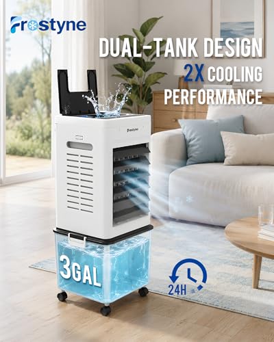 Portable Evaporative Air Cooler with Humidifier - 3 Gallon Water Tank, 10 Ice Packs, 6 Speeds & Remote